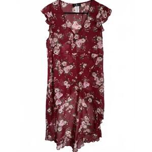 NEW Adara Women's Blouse Size Medium High Low Red Floral Cottage Fairy Sheer